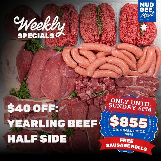 $40 OFF: Yearling Beef - Half Side PLUS Whole Eye Fillet + FREE Pack of Sausage Rolls
